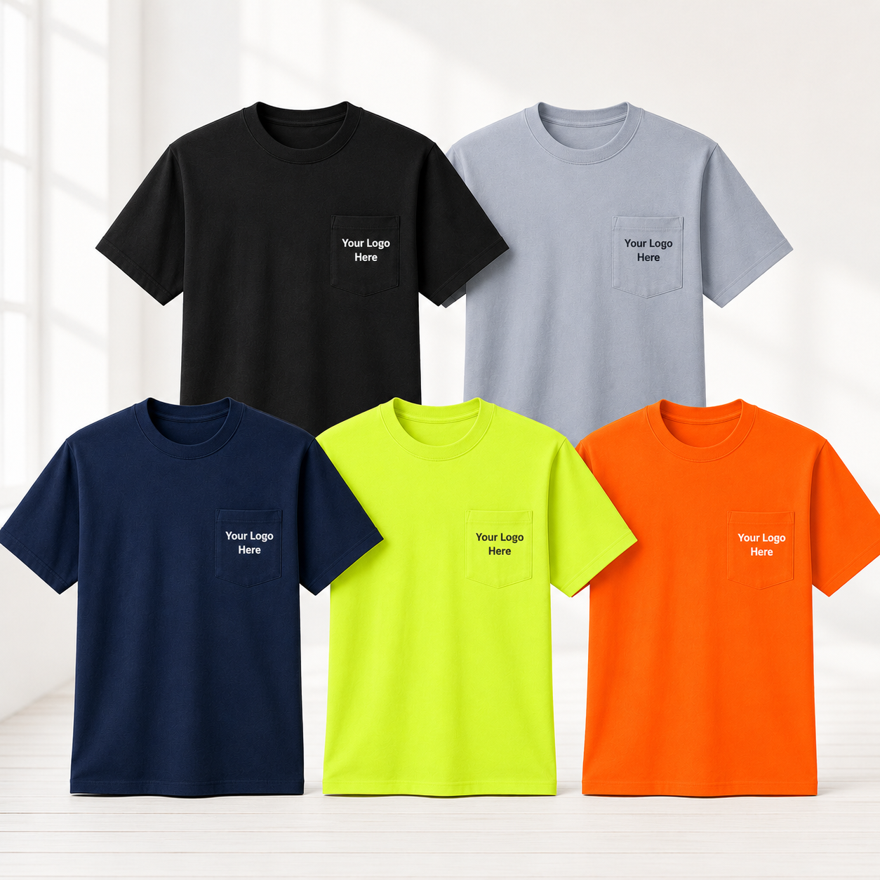 Custom Hanes W110 workwear pocket T-shirts in black, gray, navy, safety green and safety orange