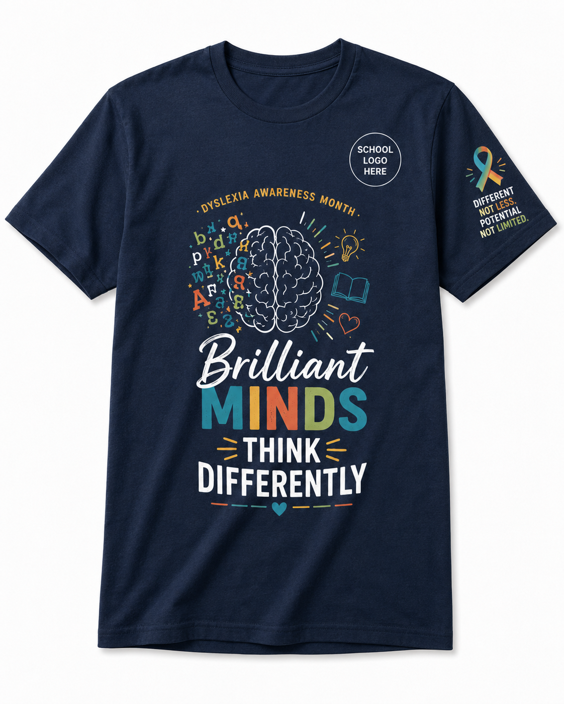 ADHD awareness teacher shirt featuring a colorful Different Not Less design