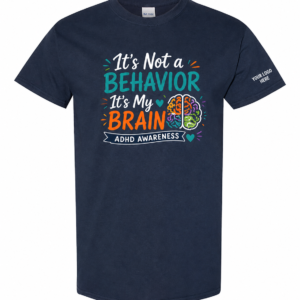 Navy ADHD awareness shirt for teachers with colorful front design and custom logo placement on the sleeve