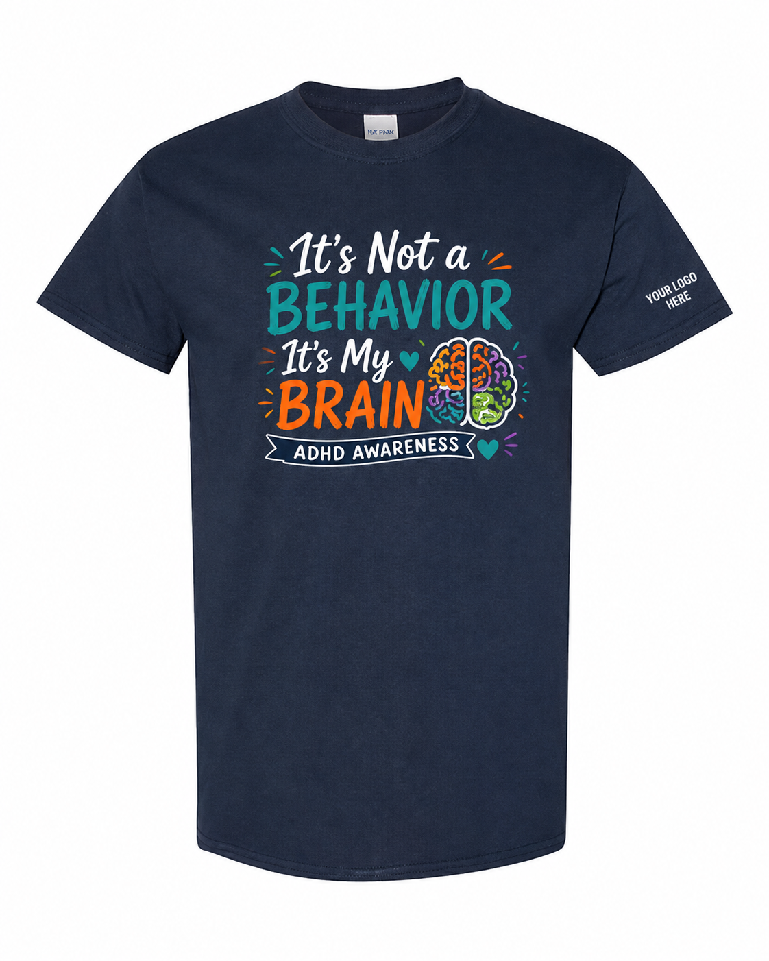 Navy ADHD awareness shirt for teachers with colorful front design and custom logo placement on the sleeve