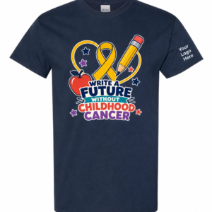 Childhood Cancer Awareness Shirt for teachers with gold ribbon design and custom sleeve logo