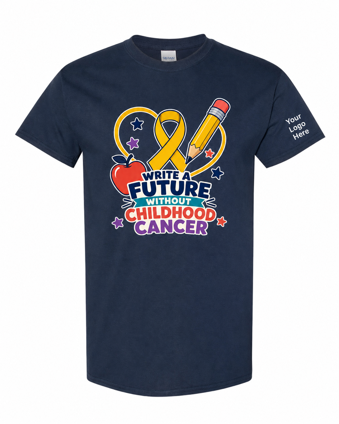 Childhood Cancer Awareness Shirt for teachers with gold ribbon design and custom sleeve logo