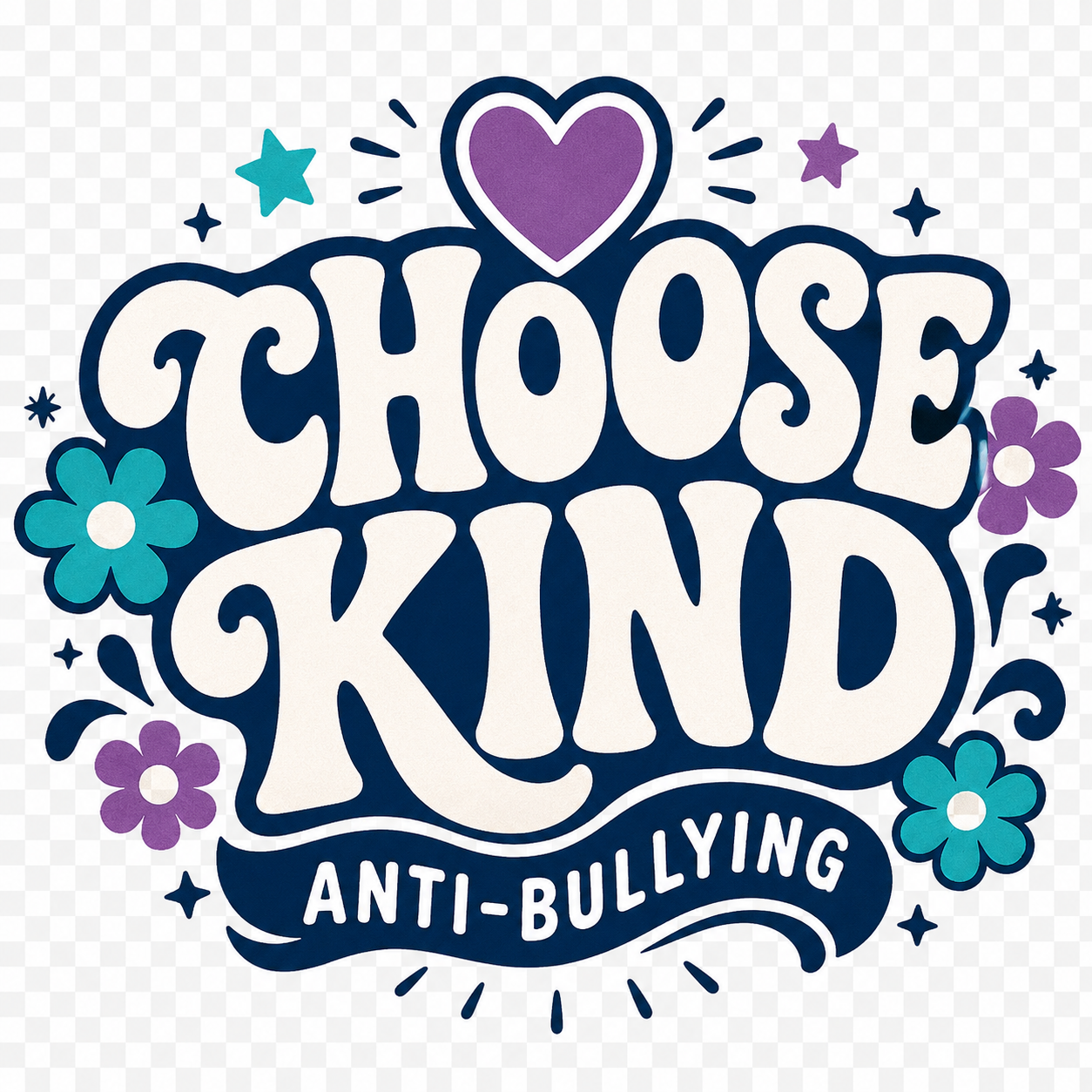 Retro Choose Kind anti-bullying awareness design with flowers, stars and a purple heart