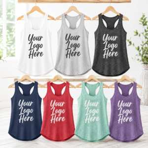 Custom District DT137L women’s rocker tank tops with full-front business logo placement