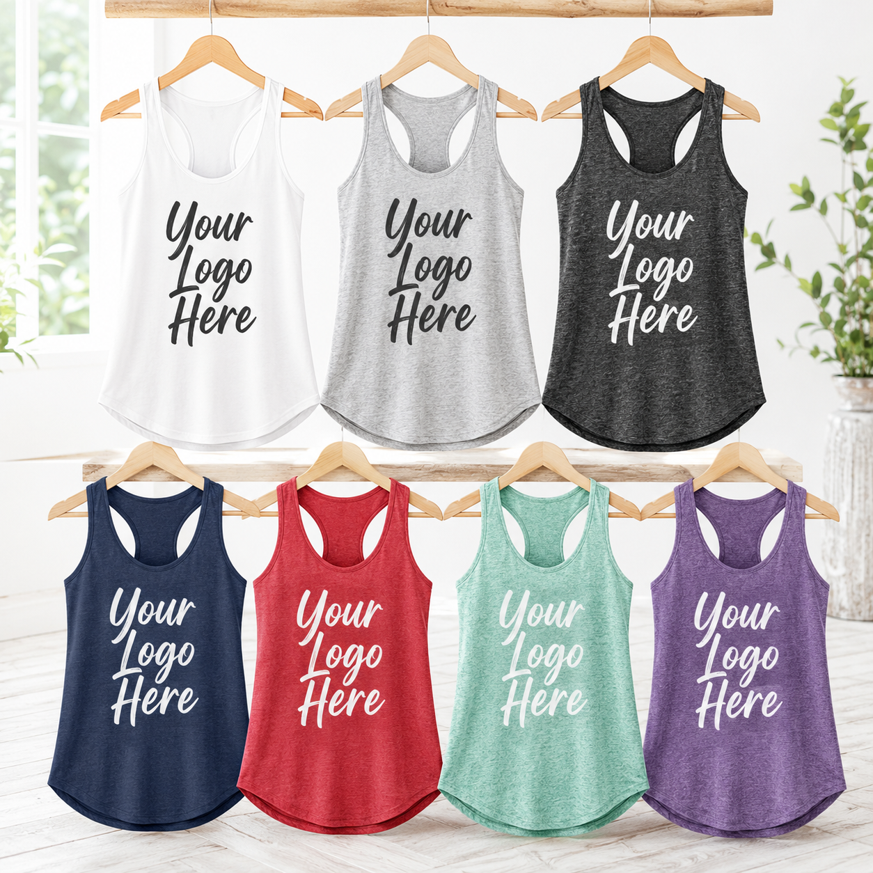 Custom District DT137L women’s rocker tank tops with full-front business logo placement