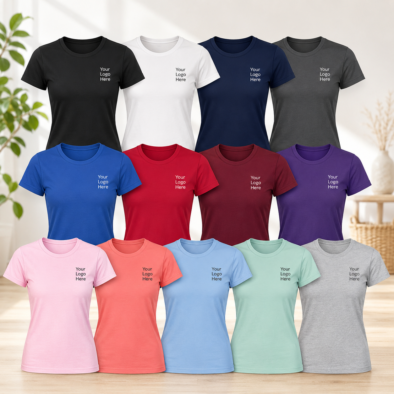 Custom Gildan 5000L women’s cotton T-shirts in multiple colors with business logo placement
