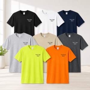 Custom Gildan G500 work shirts in black, white, navy, grey, safety green and safety orange