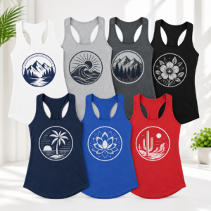 Custom Next Level 1533 women’s racerback tank tops in multiple colors with full-front logo graphics