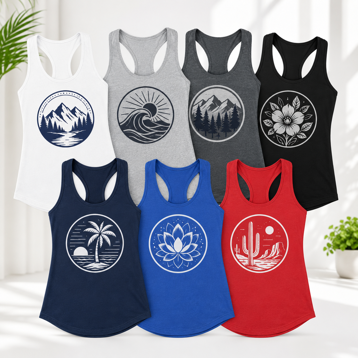 Custom Next Level 1533 women’s racerback tank tops in multiple colors with full-front logo graphics