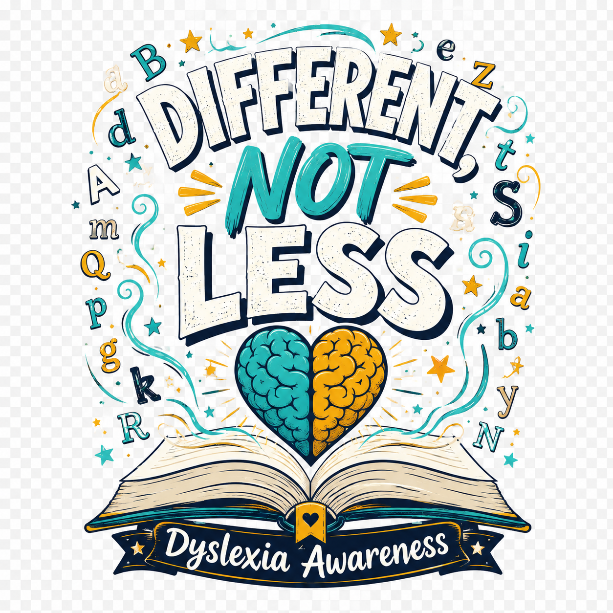 Different Not Less dyslexia awareness design with a heart-shaped brain and open book