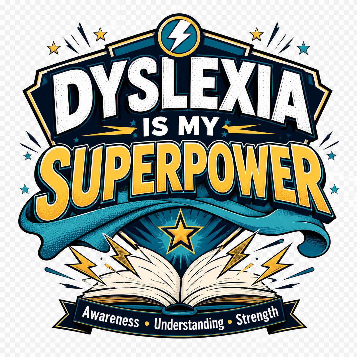 Dyslexia Is My Not Less design with open book and superhero emblem