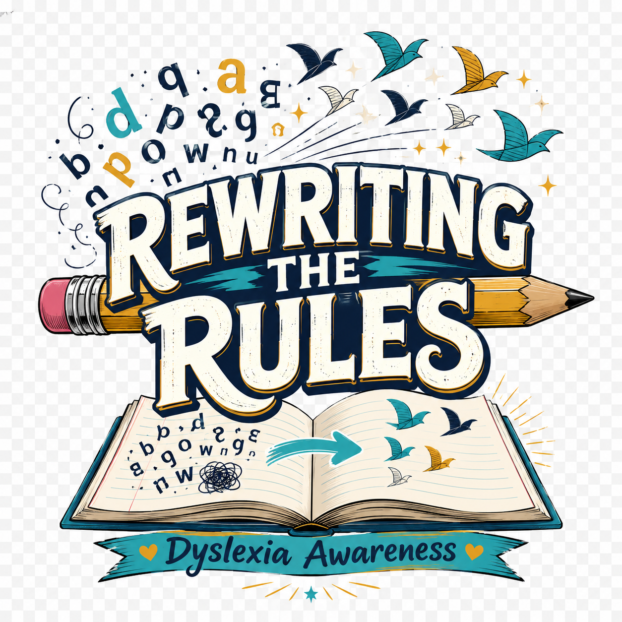 Rewriting the Rules dyslexia awareness graphic with pencil and open book