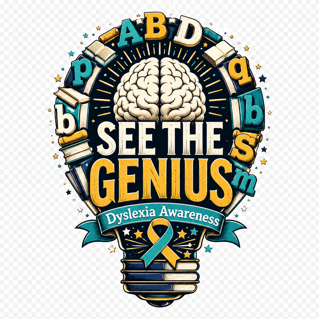 See the Genius dyslexia awareness design with brain lightbulb and books