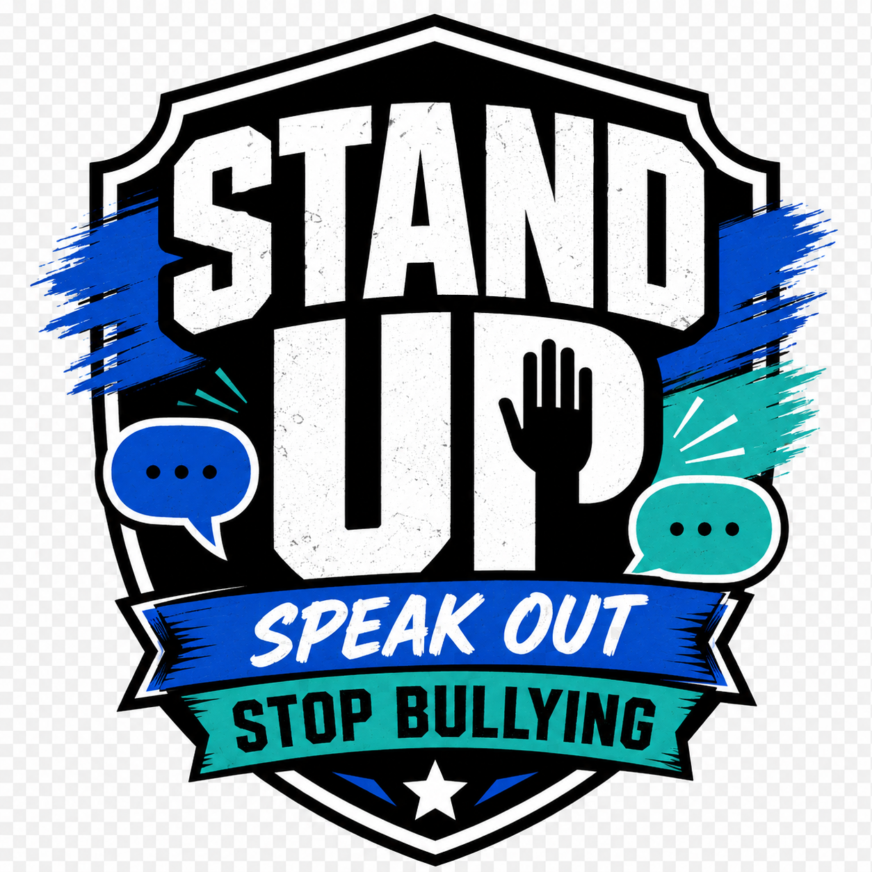 Stand Up Speak Out Stop Bullying shield design with speech bubbles and raised hand