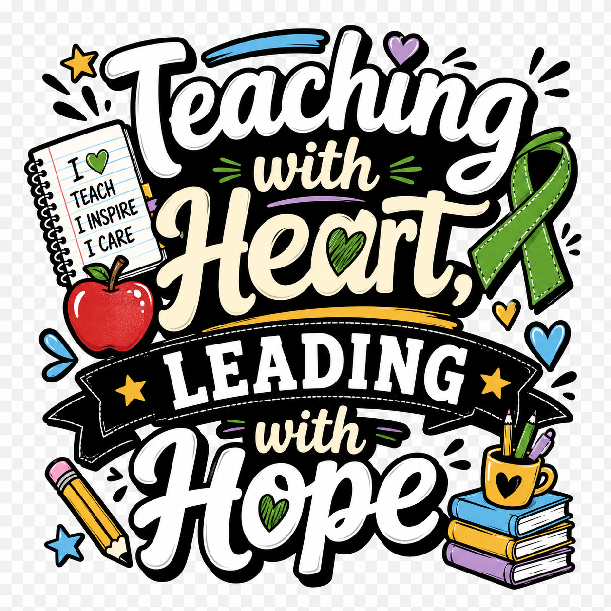 Teaching With Heart Leading With Hope mental health awareness design for teachers and school staff