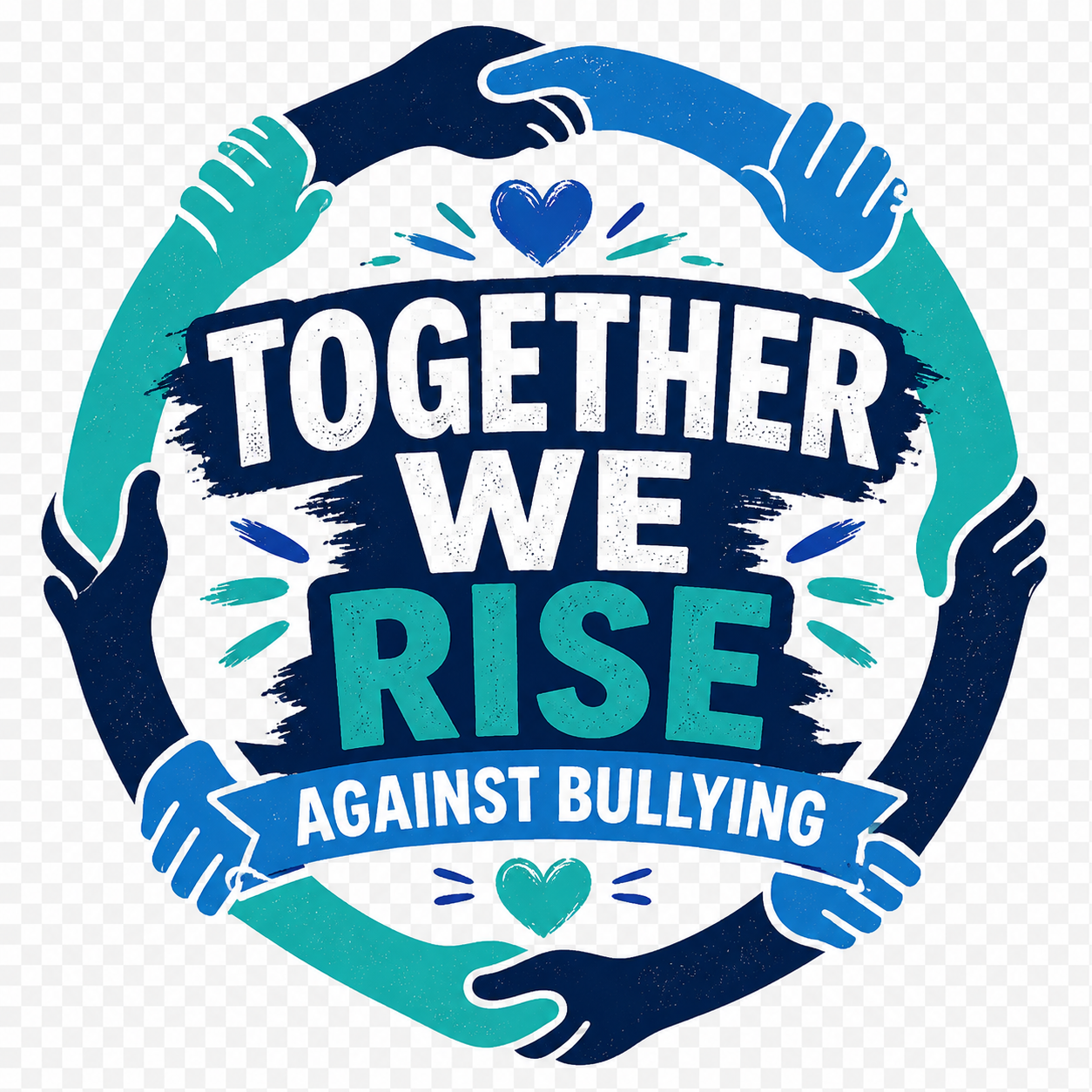 Together We Rise Against Bullying design surrounded by linked hands in blue and teal