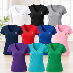 Custom women’s v-neck t-shirts in multiple colors with business logo placement