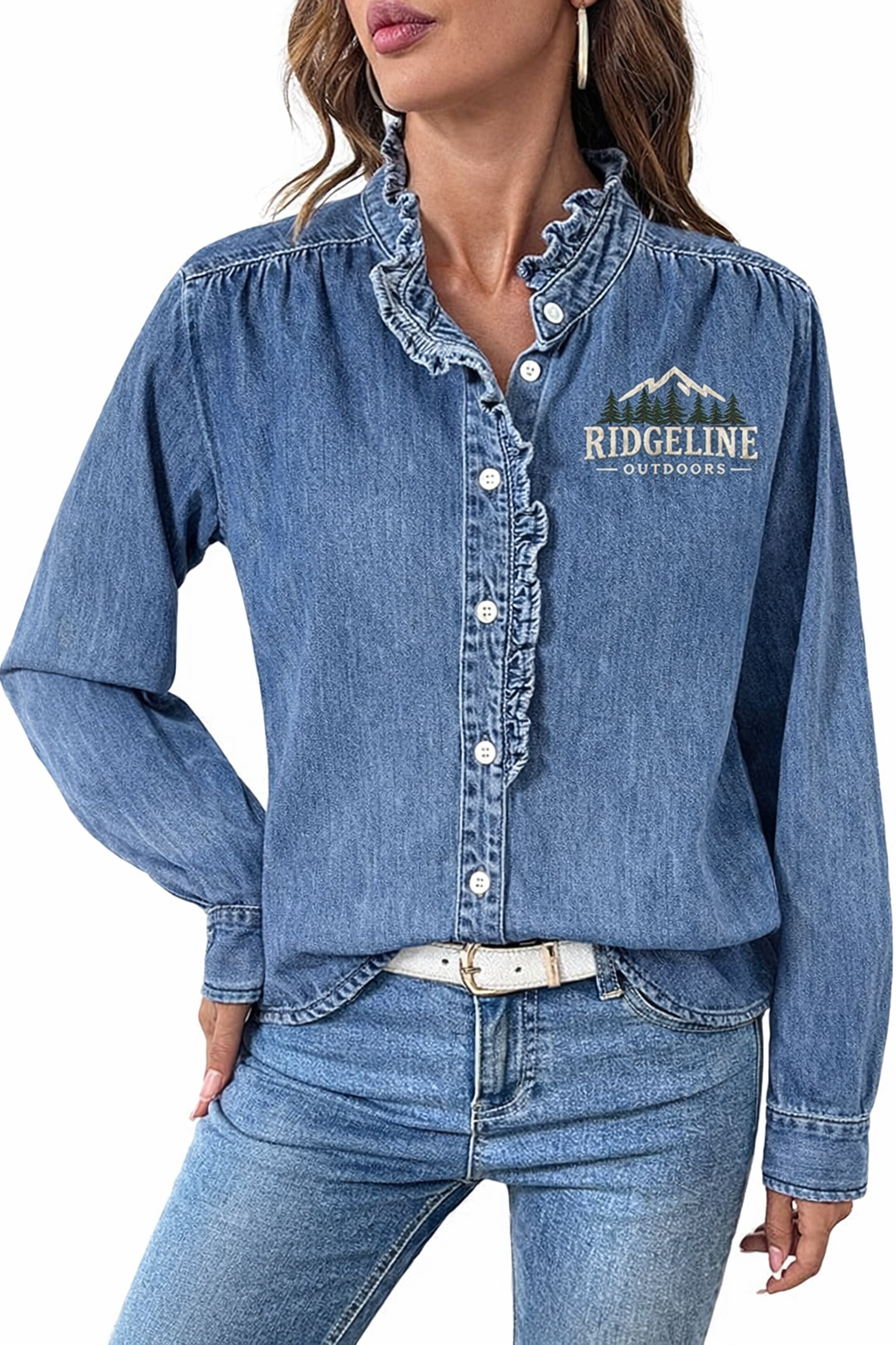 Custom embroidered denim blouse with ridgeline outdoors logo