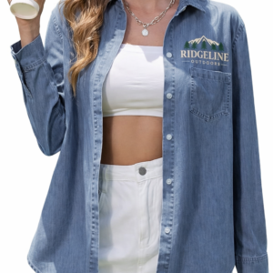 Custom embroidered denim button down shirt with ridgeline outdoors logo