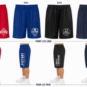 Athletic mesh shorts logo placement mockup set front leg down leg print
