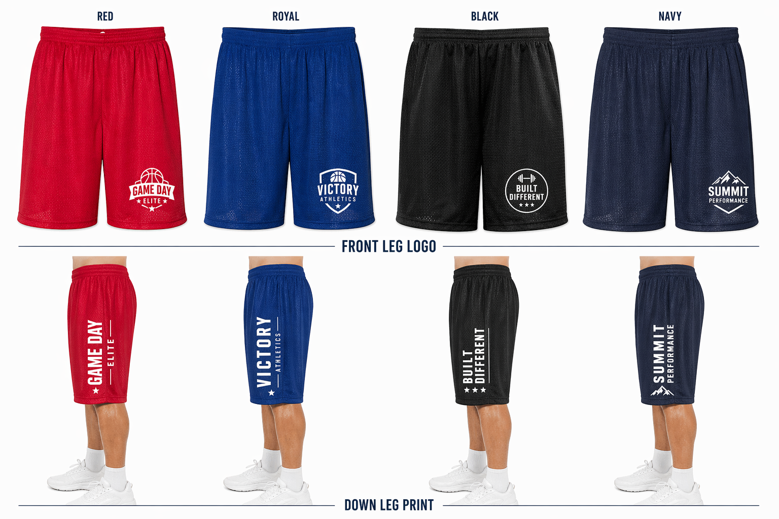 Athletic mesh shorts logo placement mockup set front leg down leg print