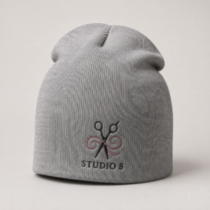 Cotton cuffless beanie customized with an embroidered company logo