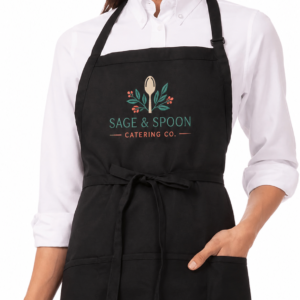 Front view of personalized black bib apron with embroidered restaurant logo