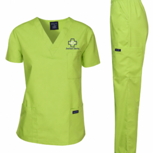 Professional dermatology scrubs embroidered with a custom clinic logo and employee name