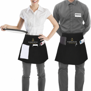 Custom embroidered black server waist aprons with Harbor House business logo