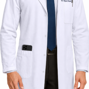 Custom urgent care scrubs with an embroidered medical logo and healthcare worker name on the left chest