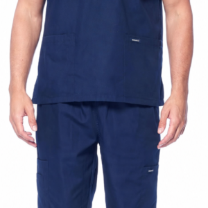 Personalized veterinary scrubs with an embroidered animal clinic logo and staff name on the left chest