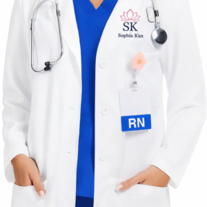 Custom hospital scrubs embroidered with a healthcare logo and employee name on the left chest