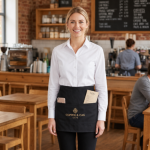Restaurant staff wearing custom embroidered black server waist aprons