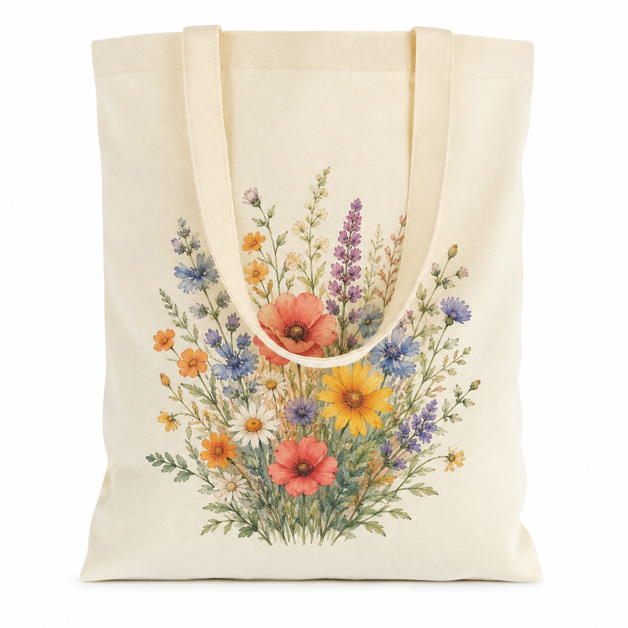 Custom printed canvas tote bag featuring a colorful wildflower design