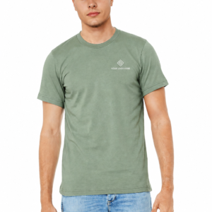Custom Bella Canvas 3001 t-shirts in sage with a white embroidered left-chest business logo by Do It Customs.