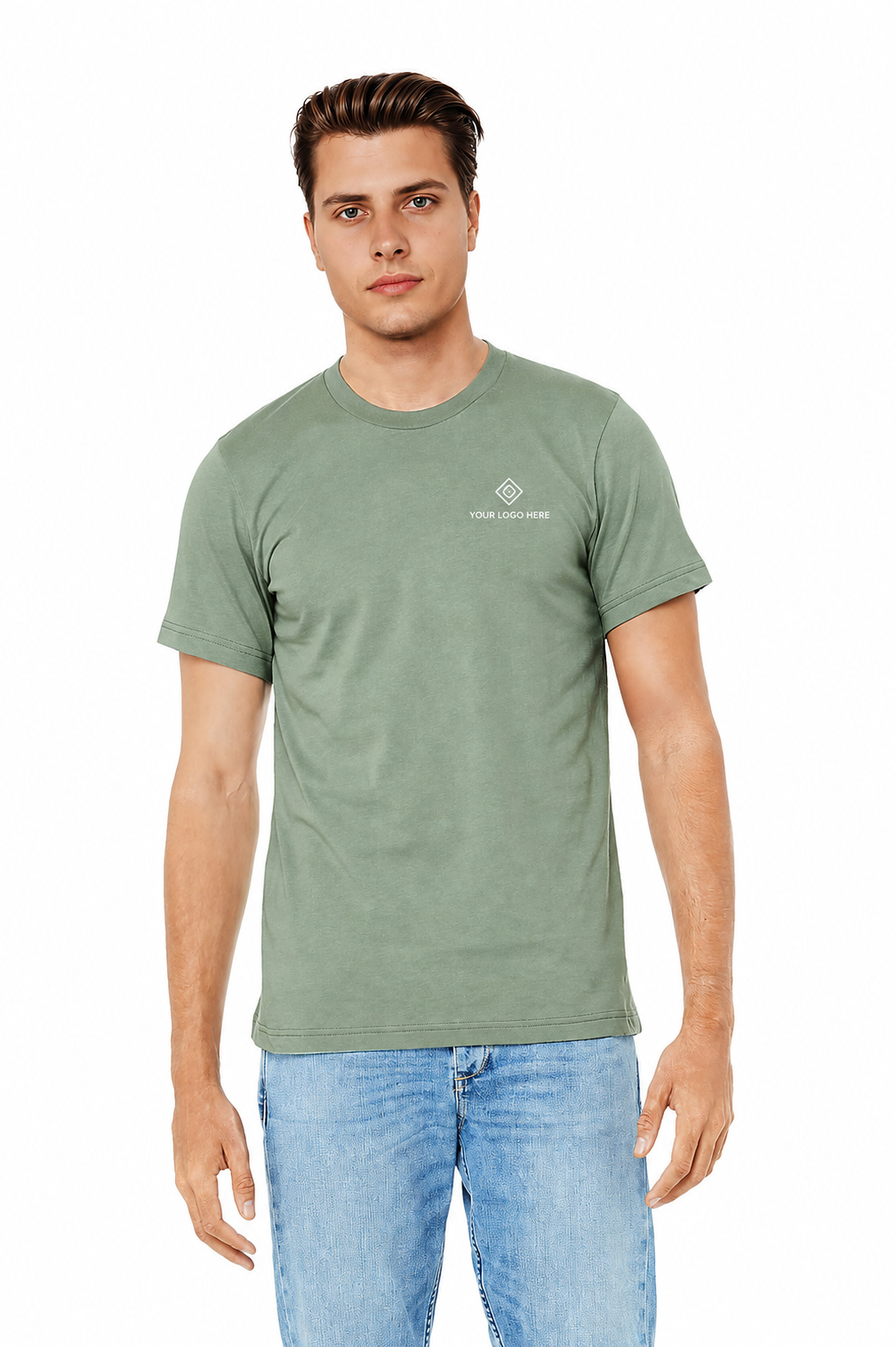 Custom Bella Canvas 3001 t-shirts in sage with a white embroidered left-chest business logo by Do It Customs.