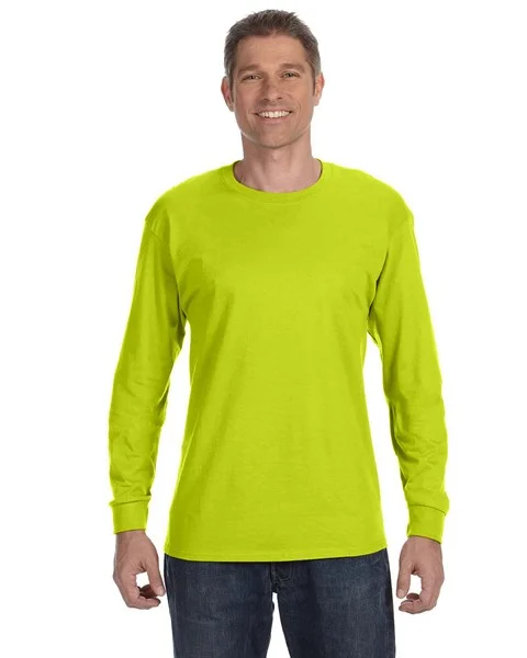 Custom Logo Gildan 5400 Heavy Cotton Long Sleeve T-Shirt in Safety Green, sleeve detail for high-visibility workwear