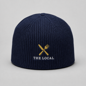 Short cuffless beanie personalized with an embroidered company logo