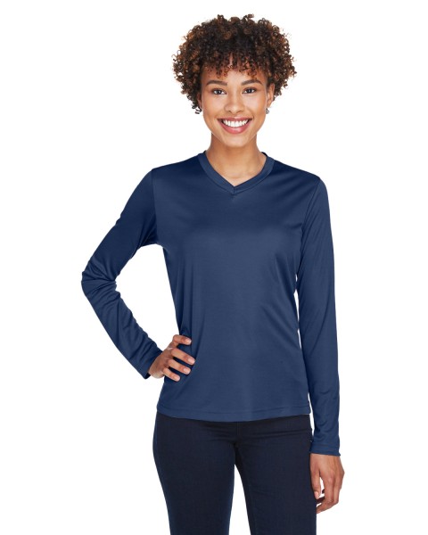 Custom Logo Team 365 Women’s Performance Long Sleeve Shirt for high-visibility workwear