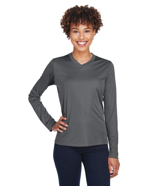 Custom Logo Team 365 Women’s Performance Long Sleeve Shirt for high-visibility workwear