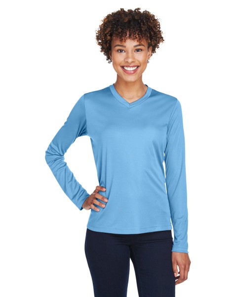 Custom Logo Team 365 Women’s Performance Long Sleeve Shirt for high-visibility workwear