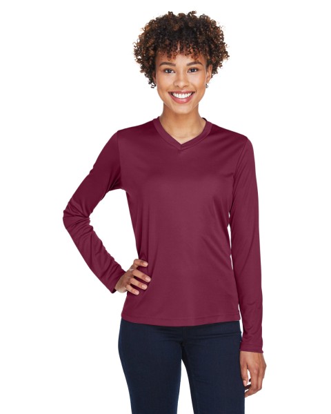 Custom Logo Team 365 Women’s Performance Long Sleeve Shirt for high-visibility workwear