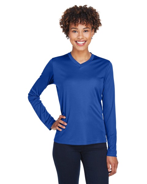 Custom Logo Team 365 Women’s Performance Long Sleeve Shirt for high-visibility workwear