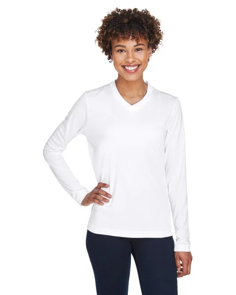 Custom Logo Team 365 Women’s Performance Long Sleeve Shirt for high-visibility workwear