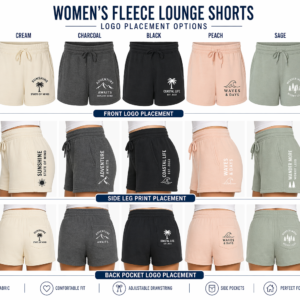 Womens fleece lounge shorts logo placement mockup set front side pocket back pocket